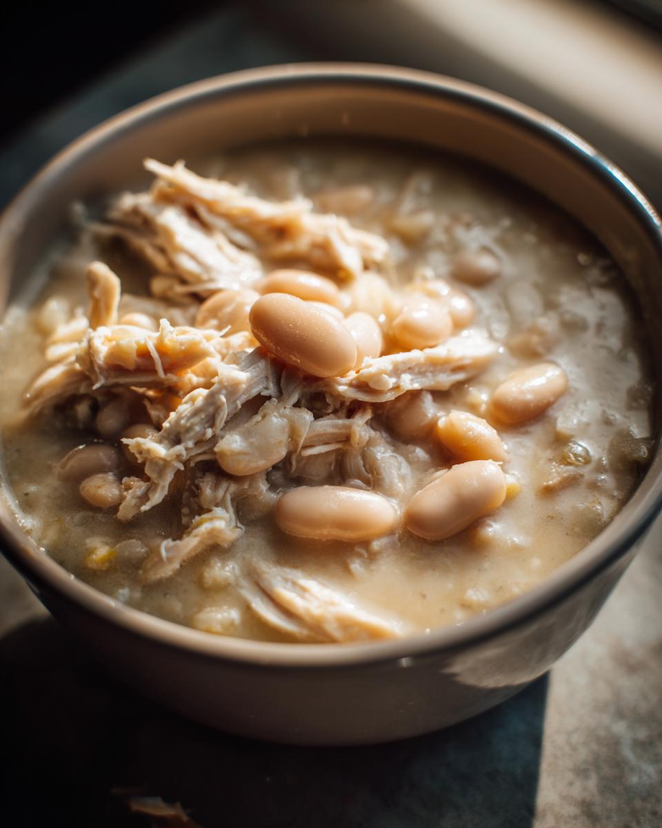 Close-up of a bowl of creamy white chicken chili topped with shredded white chicken and cannellini beans.