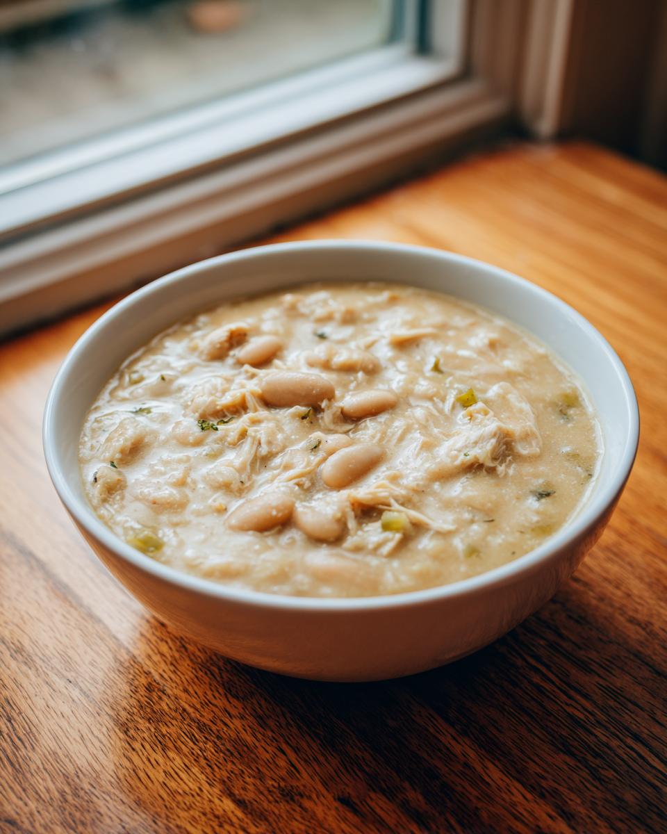 Close-up of a white bowl filled with creamy white chicken chili, showing shredded chicken and white beans, set on a wooden table near a window.