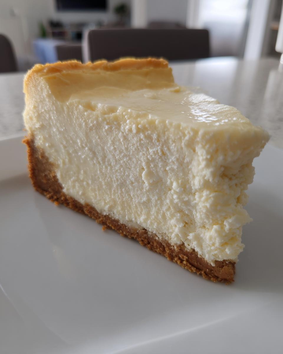 A thick, creamy slice of white chocolate cheesecake with a golden-brown graham cracker crust on a white plate.