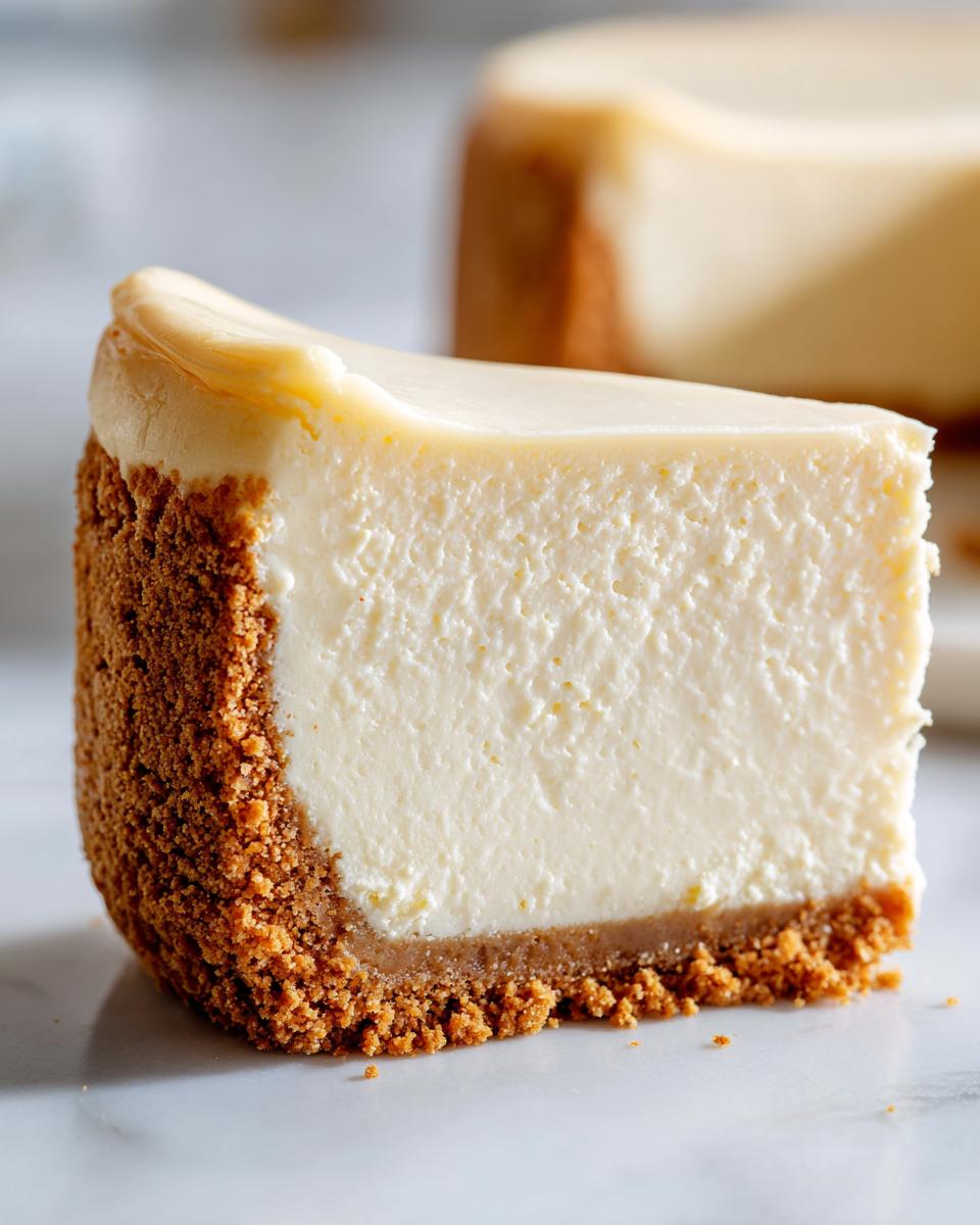 Close-up of a perfectly creamy slice of white chocolate cheesecake with a thick graham cracker crust.