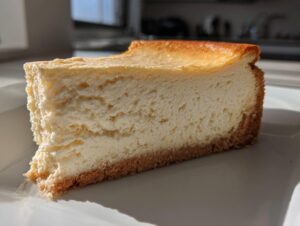 A thick slice of creamy white chocolate cheesecake with a golden-brown top and graham cracker crust on a white plate.