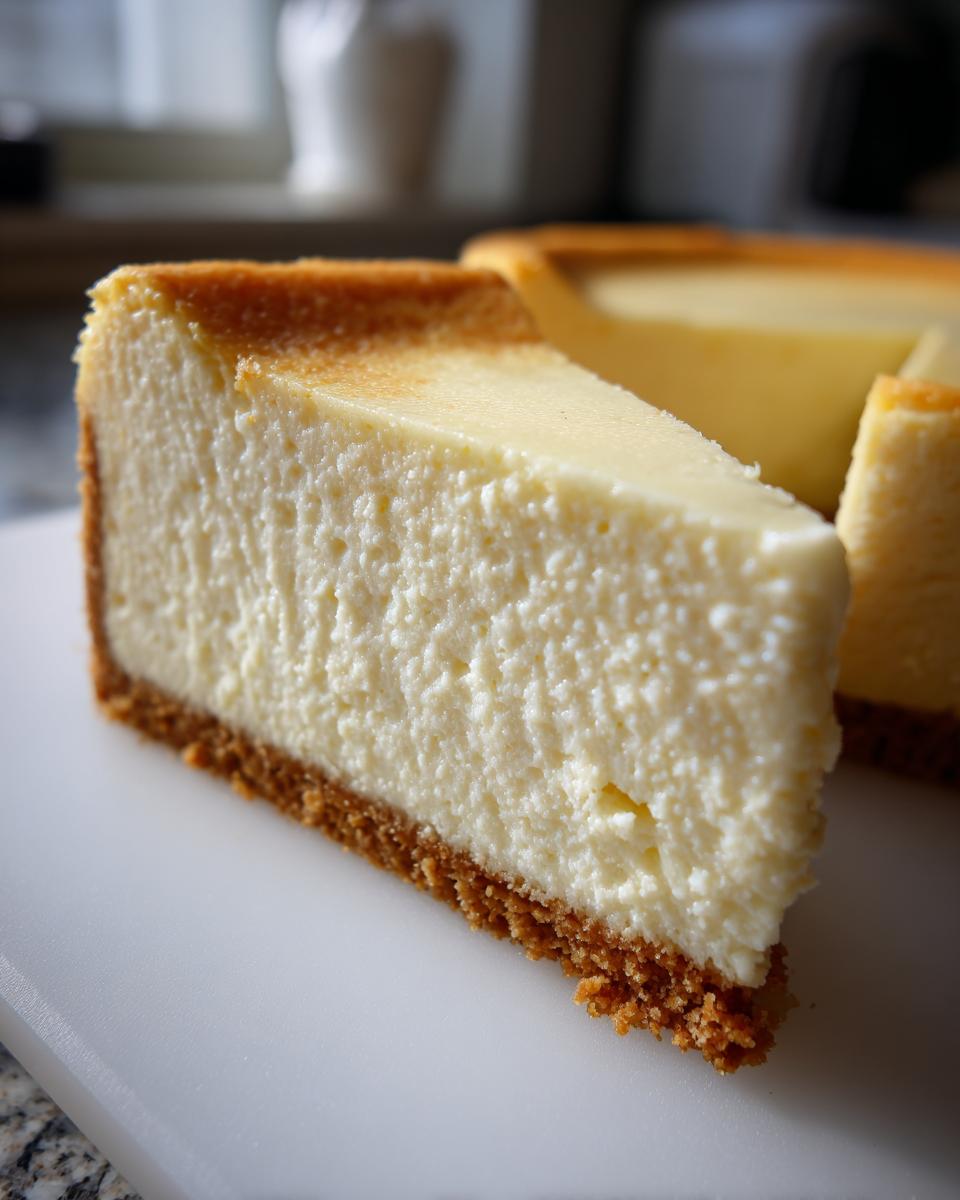Close-up of a thick slice of creamy white chocolate cheesecake with a graham cracker crust.