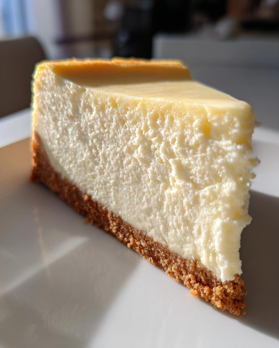 Close-up of a thick slice of super creamy white chocolate cheesecake showing the graham cracker crust.