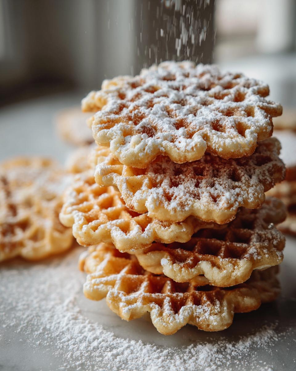 A tall stack of golden, crisp pizzelle cookies being dusted with fine powdered sugar.