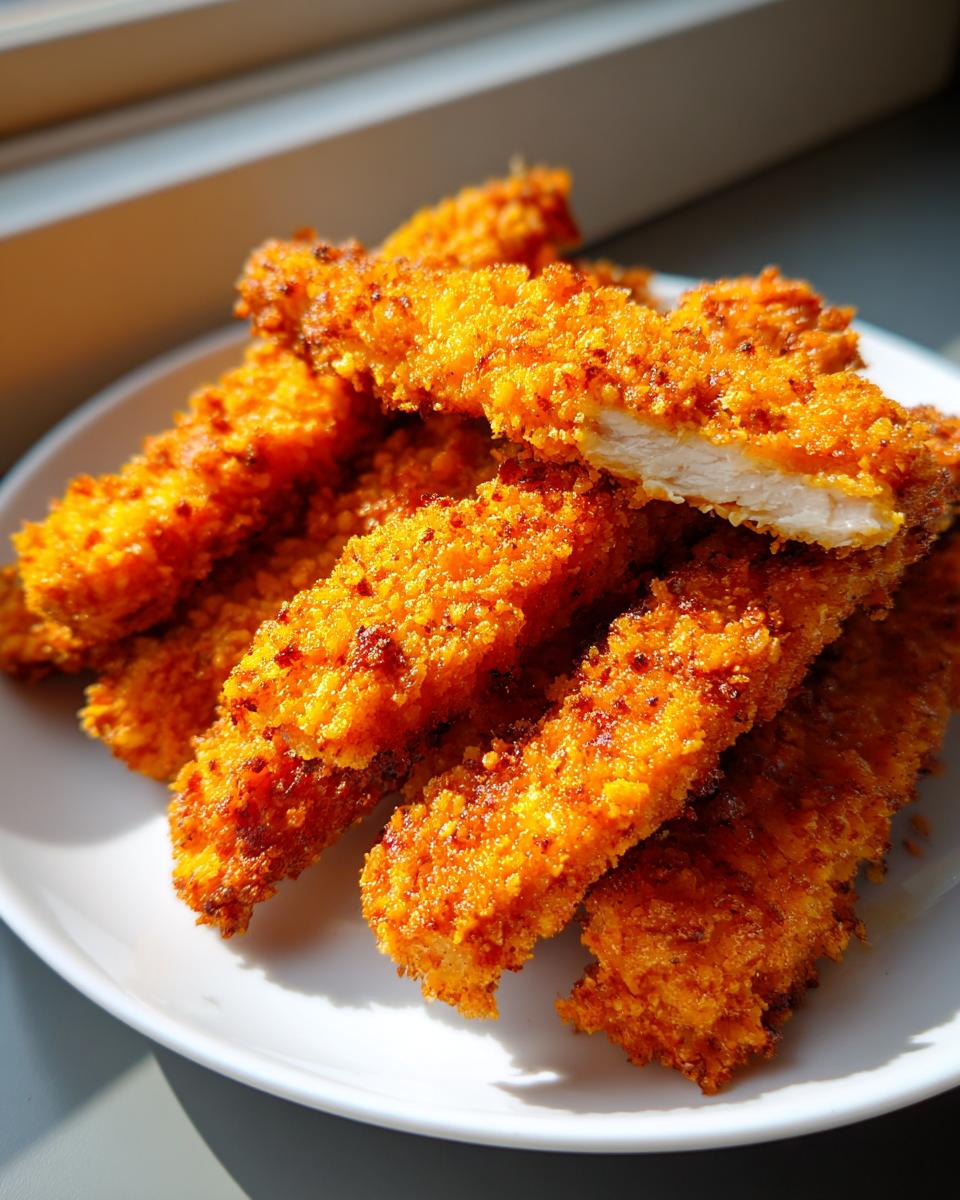 A pile of golden brown, crispy air fryer chicken tenders stacked on a white plate, one piece is broken open showing white meat.
