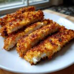 Close-up of golden brown, crispy air fryer chicken tenders sliced in half on a white plate.
