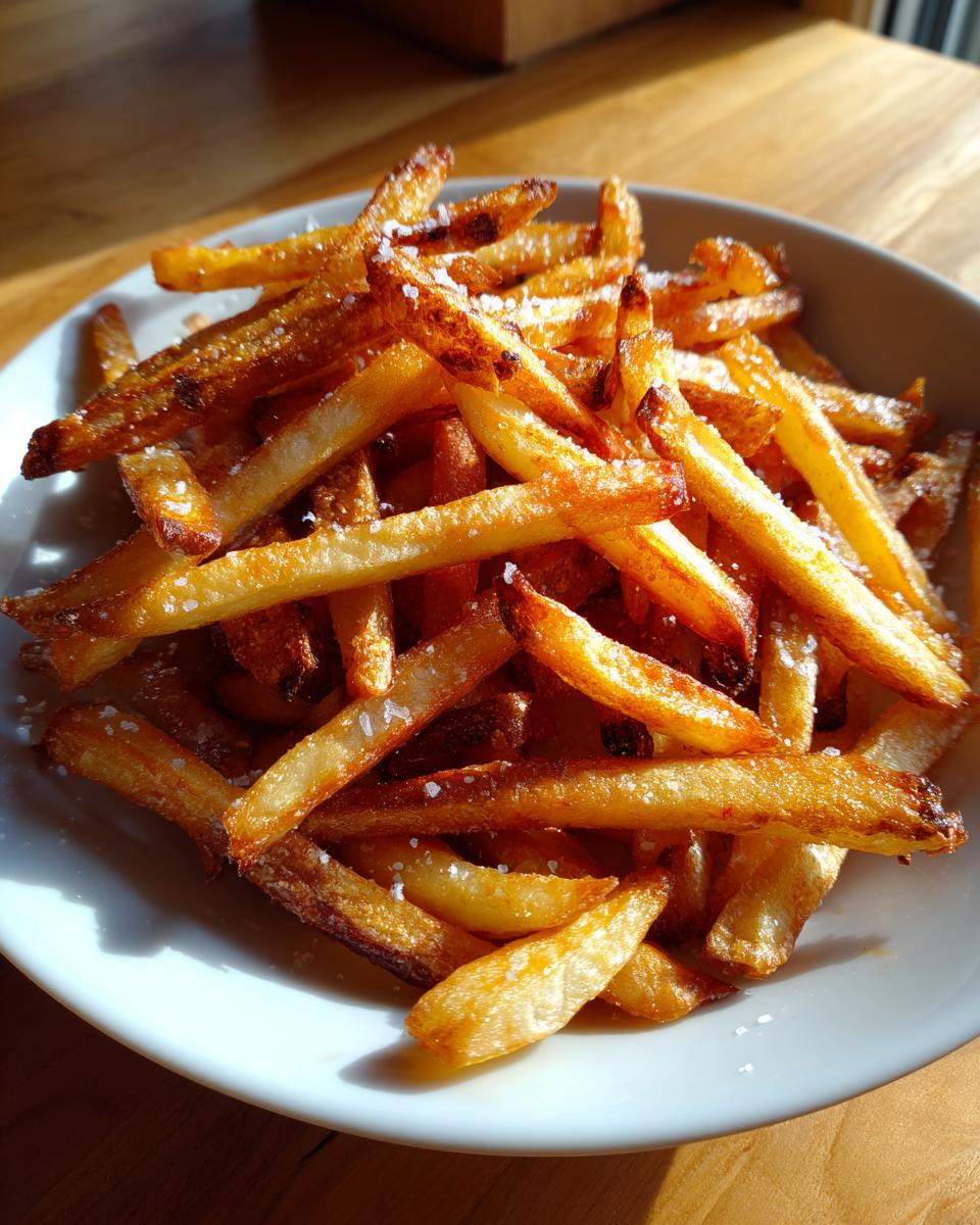A close-up of golden brown, crispy air fryer french fries sprinkled generously with coarse sea salt in a white bowl.