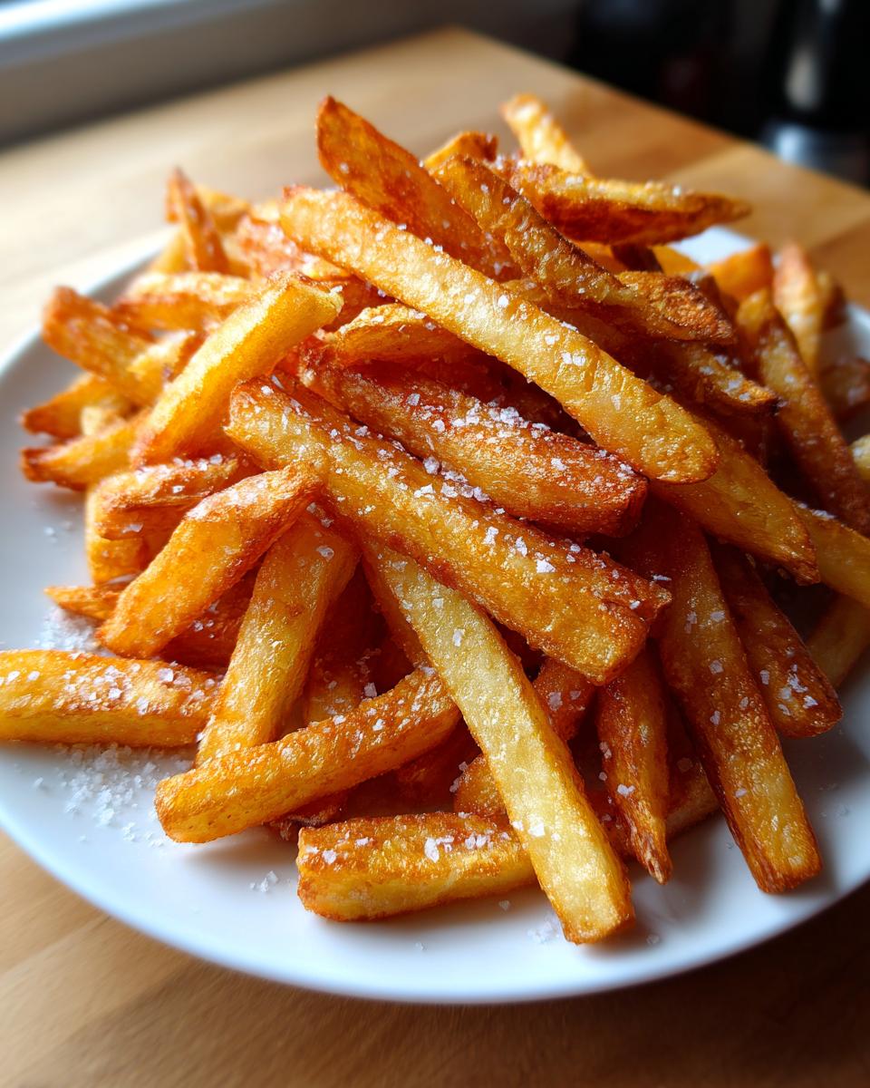 A close-up of a pile of golden, crispy air fryer french fries sprinkled generously with coarse sea salt on a white plate.