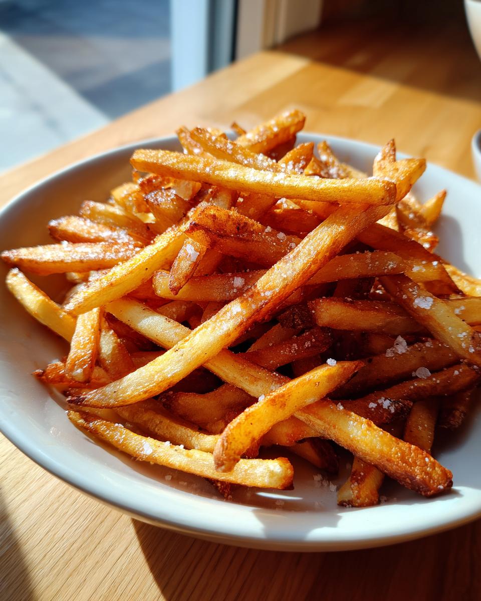 A close-up of golden brown, crispy air fryer french fries sprinkled with coarse sea salt in a white bowl.
