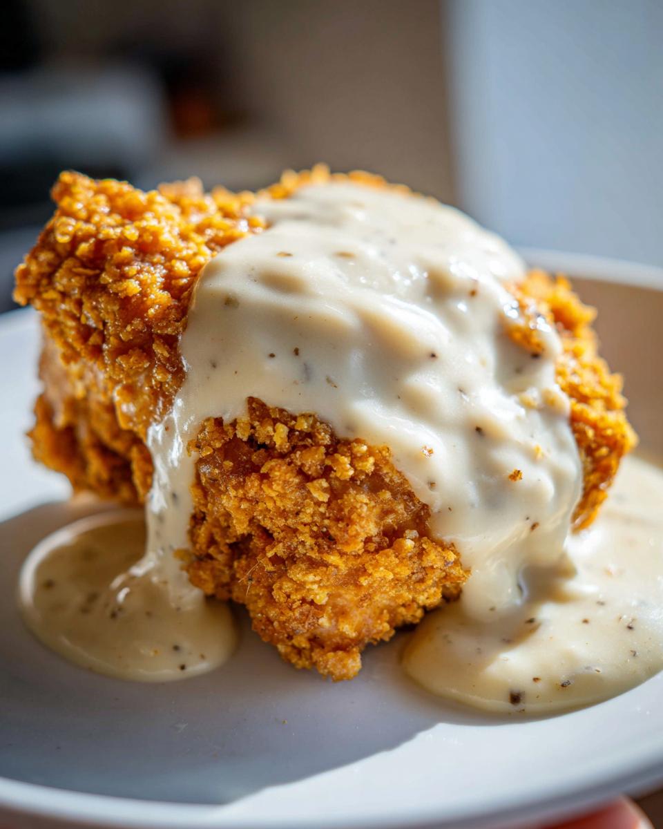 Close-up of a piece of crispy, golden-brown chicken fried steak smothered in creamy white peppered gravy.