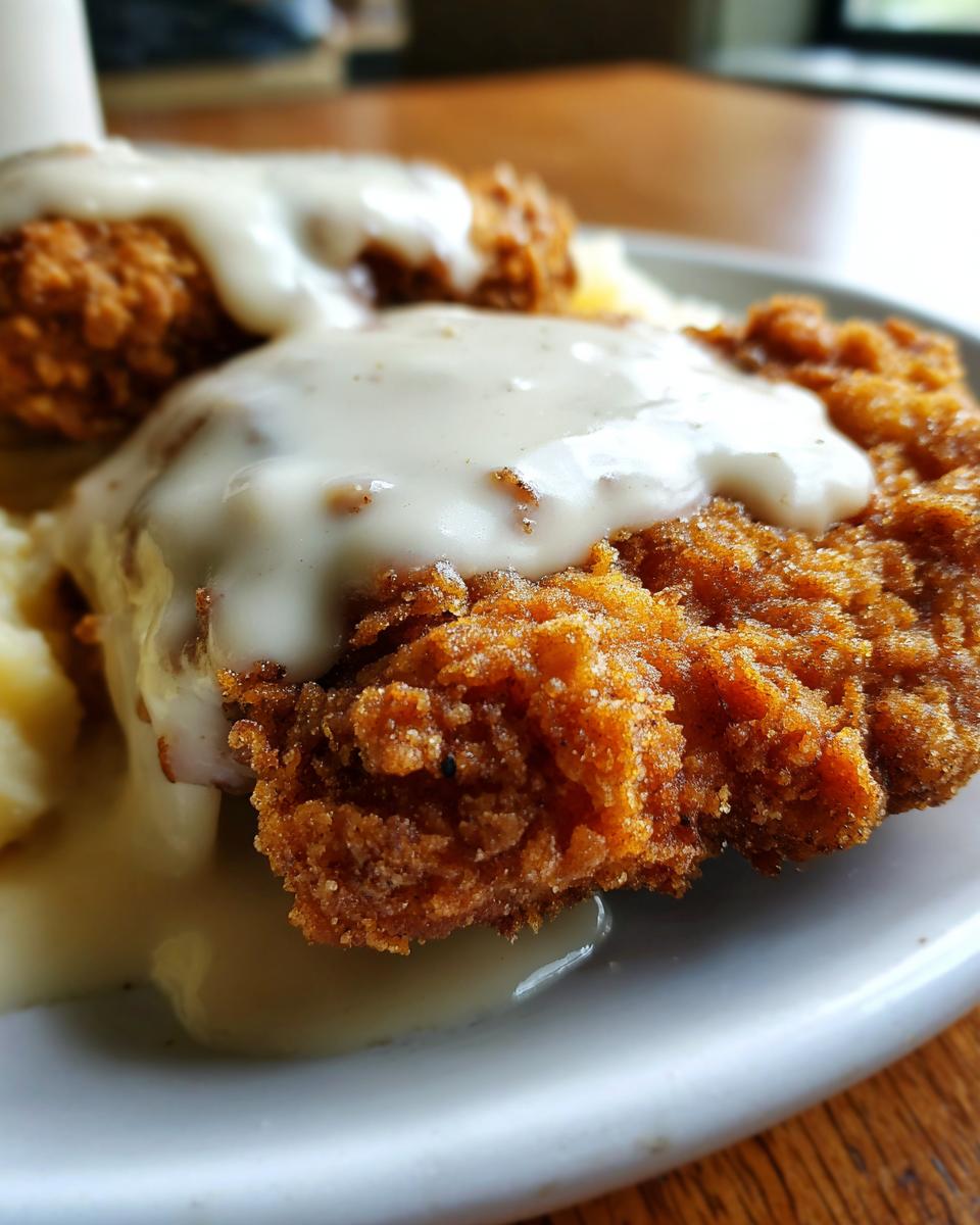 Close-up of a piece of crispy, golden-brown chicken fried steak smothered in white country gravy, served with mashed potatoes.