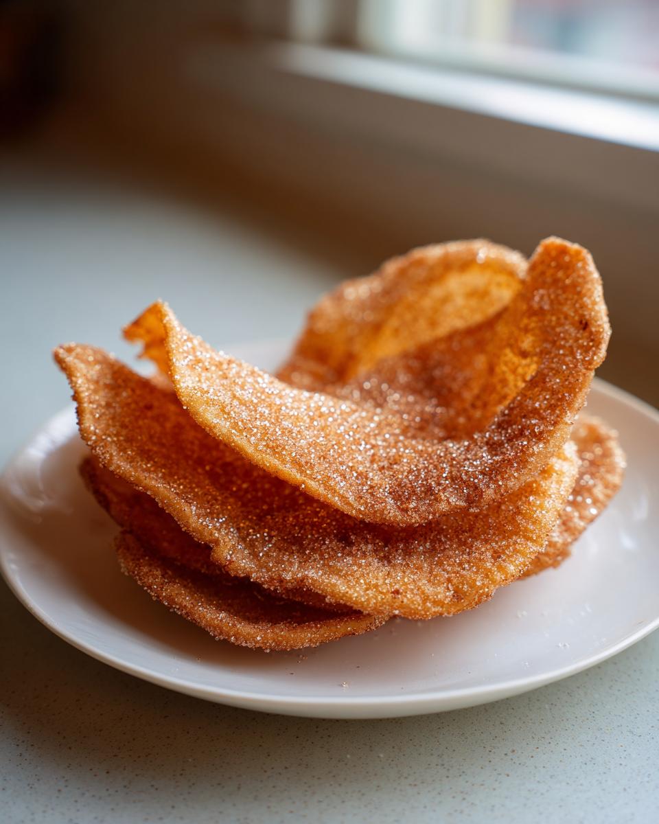 A stack of golden brown, crispy buñuelos generously coated in sparkling cinnamon sugar, served on a white plate.