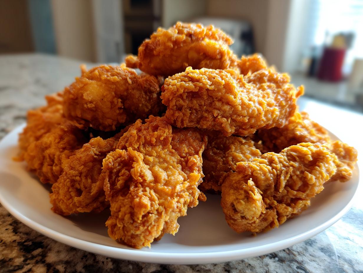 A generous pile of golden brown, crispy fried chicken wings stacked high on a white plate.