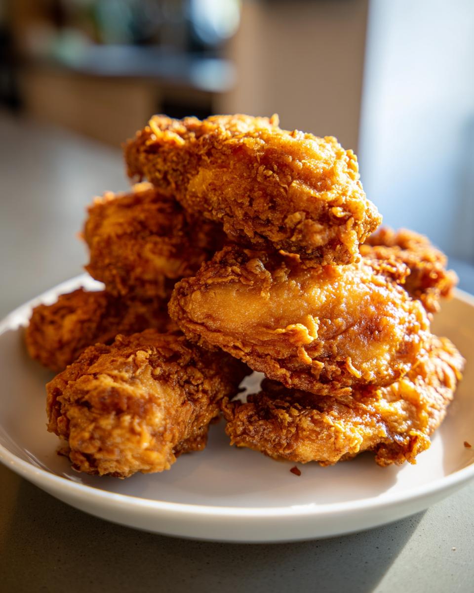 A close-up of a stack of golden brown, crispy fried chicken wings piled high on a white plate.