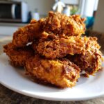 A close-up of a pile of golden-brown, crispy fried chicken wings stacked high on a white plate.