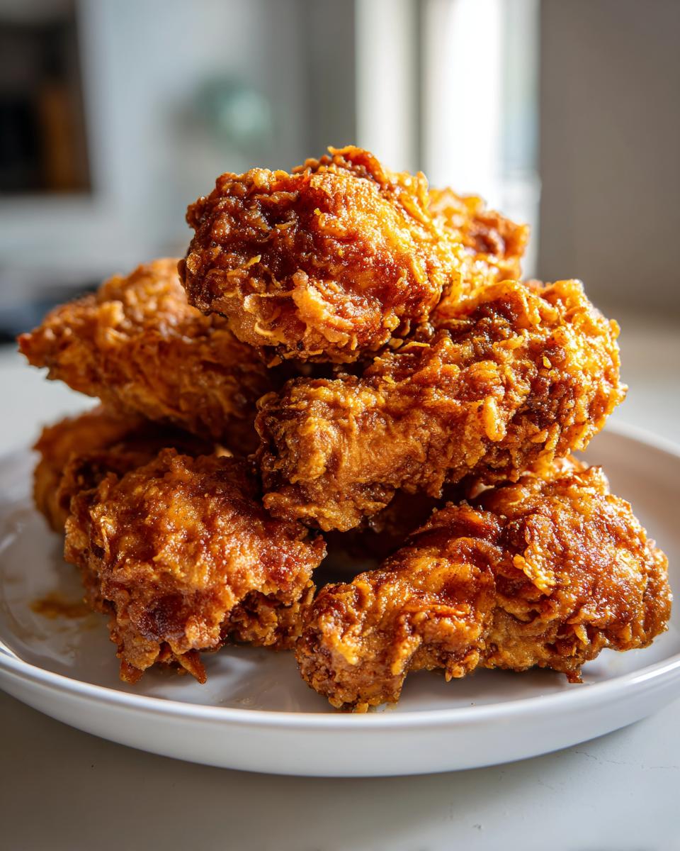A close-up stack of golden brown, crispy fried chicken wings piled high on a white plate.
