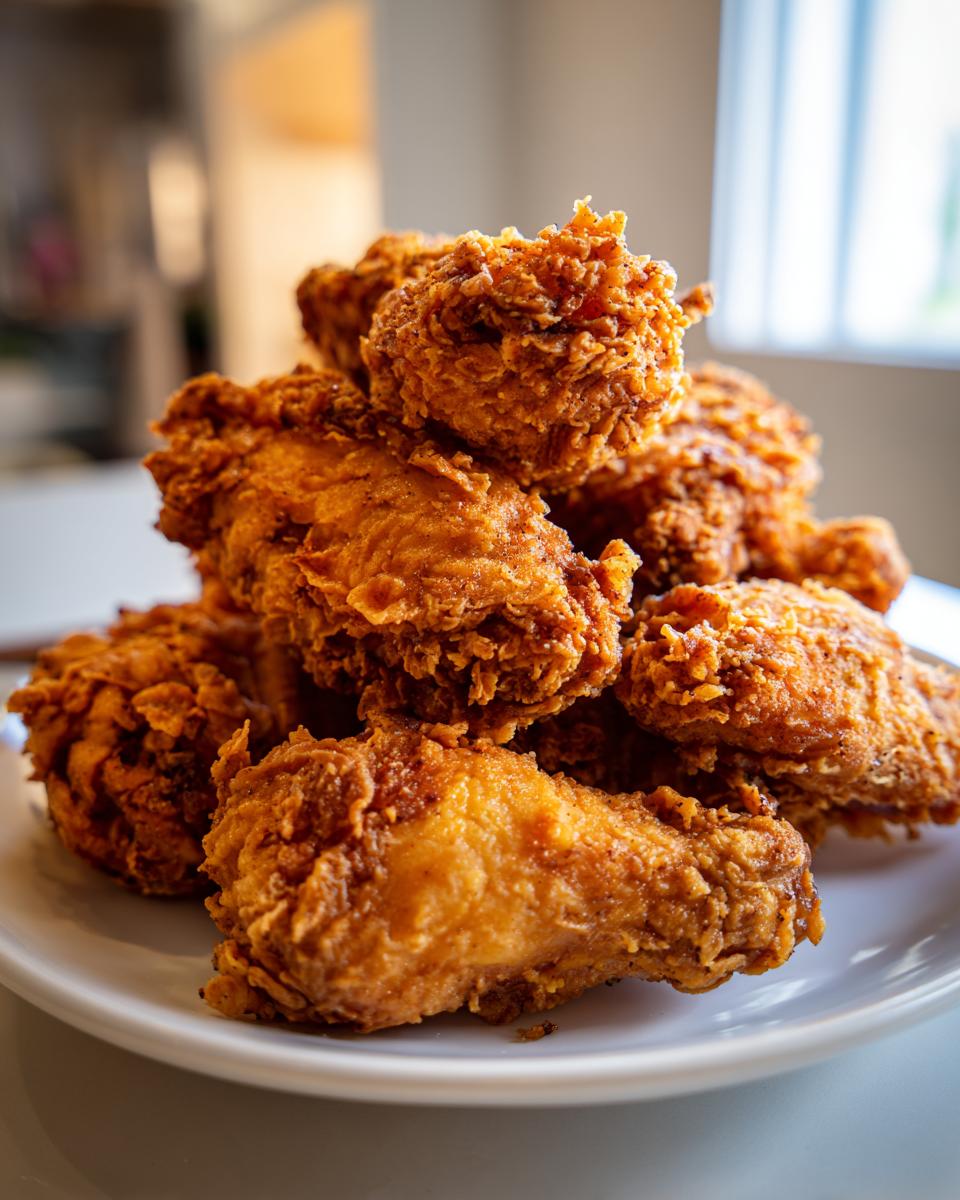 A tall stack of perfectly golden, crispy fried chicken wings piled high on a white plate.