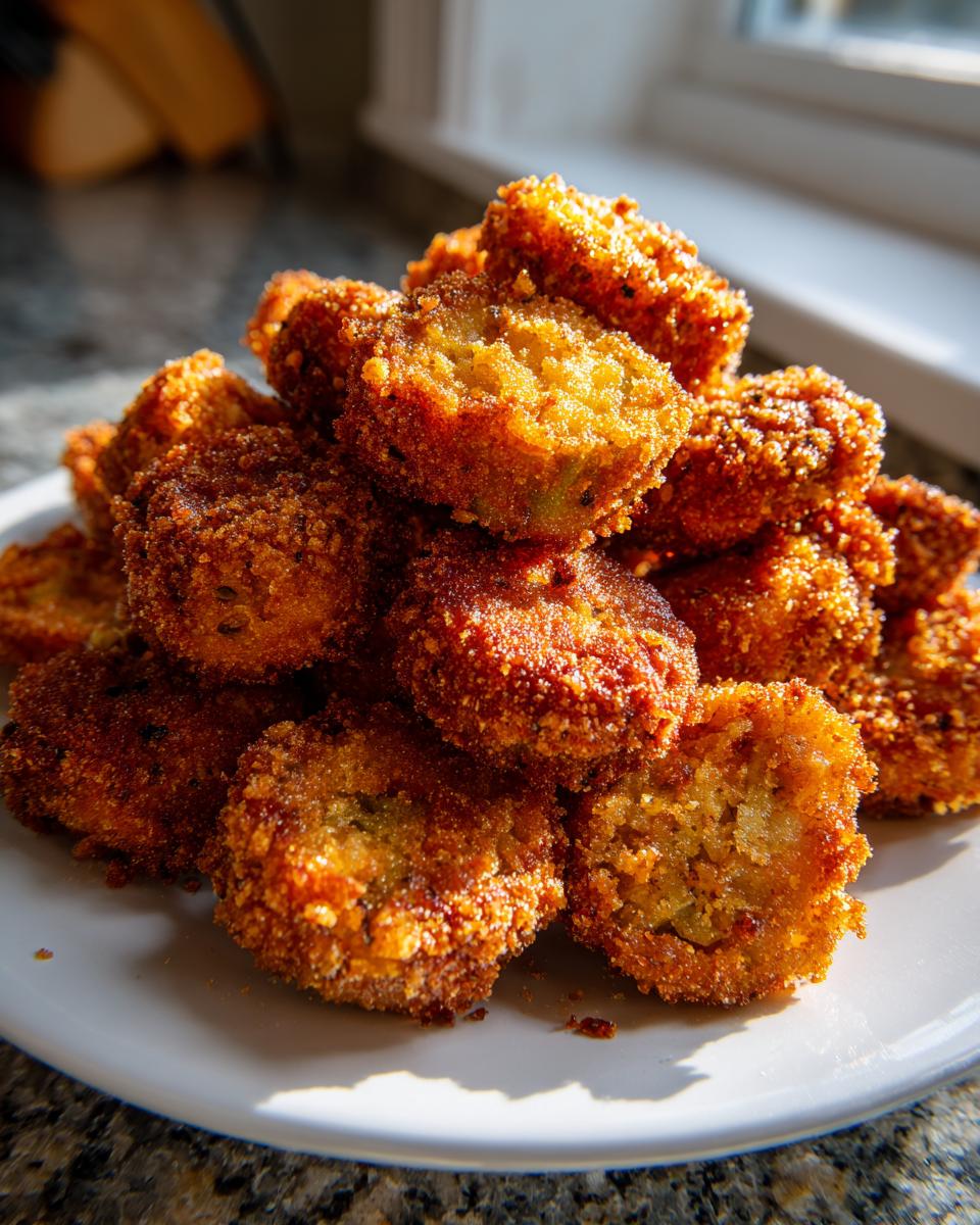 A tall stack of golden brown, crispy fried okra slices piled high on a white plate, catching bright sunlight.
