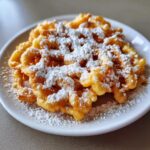 Close-up of a golden brown, freshly fried funnel cake recipe dusted heavily with white powdered sugar on a white plate.