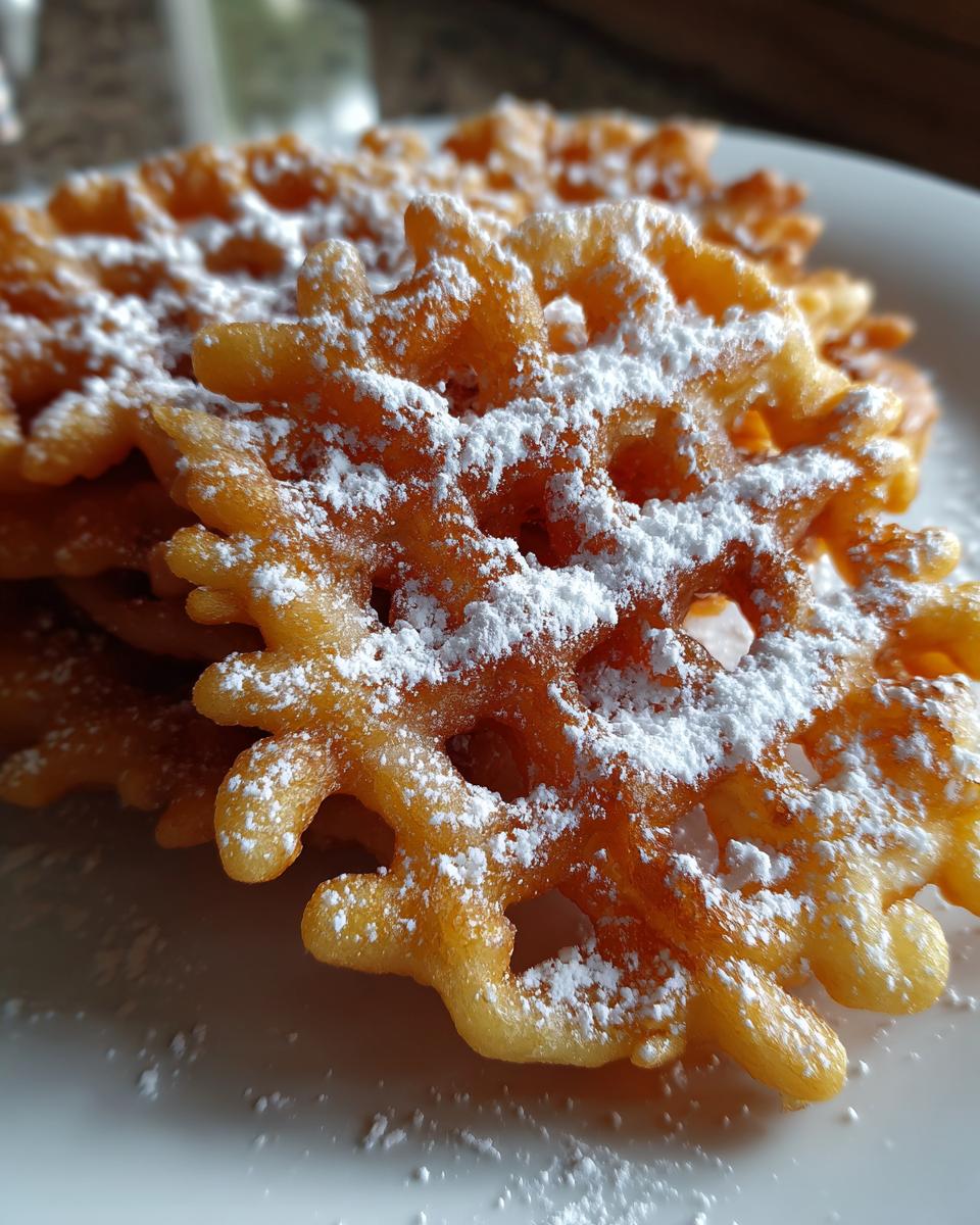 Close-up of golden-brown, crispy funnel cake recipe pieces dusted heavily with white powdered sugar.