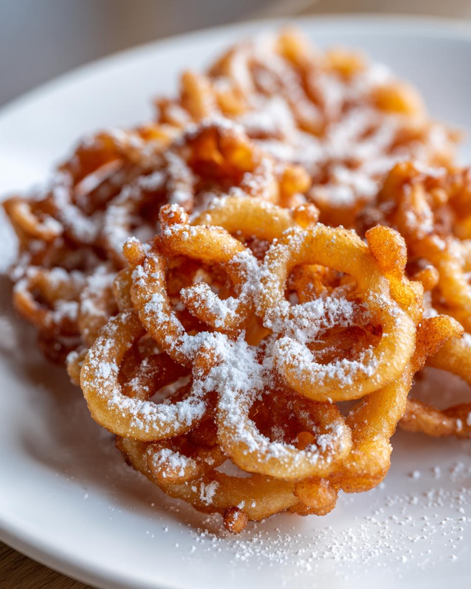 Close-up of golden brown, crispy funnel cake recipe portions dusted heavily with white powdered sugar on a white plate.