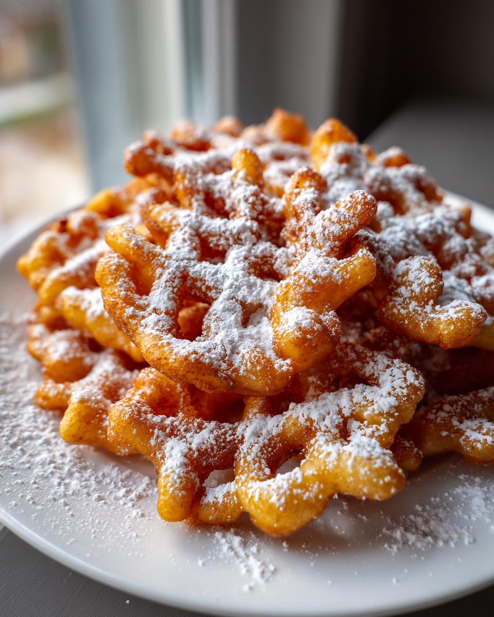 Close-up of a golden brown, crispy funnel cake recipe piled high and dusted generously with white powdered sugar.