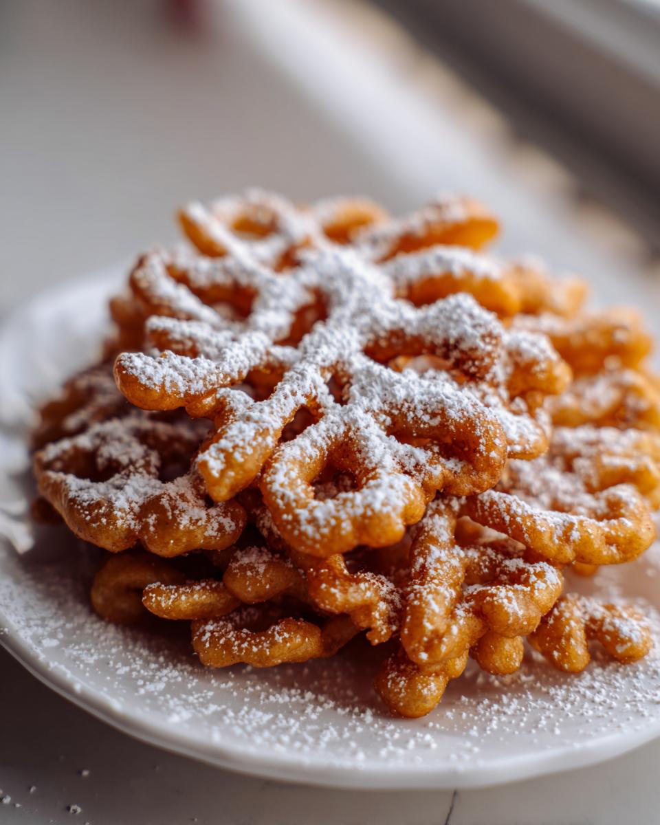 Close-up of a pile of golden-brown, crispy funnel cake recipe pieces dusted heavily with white powdered sugar on a white plate.