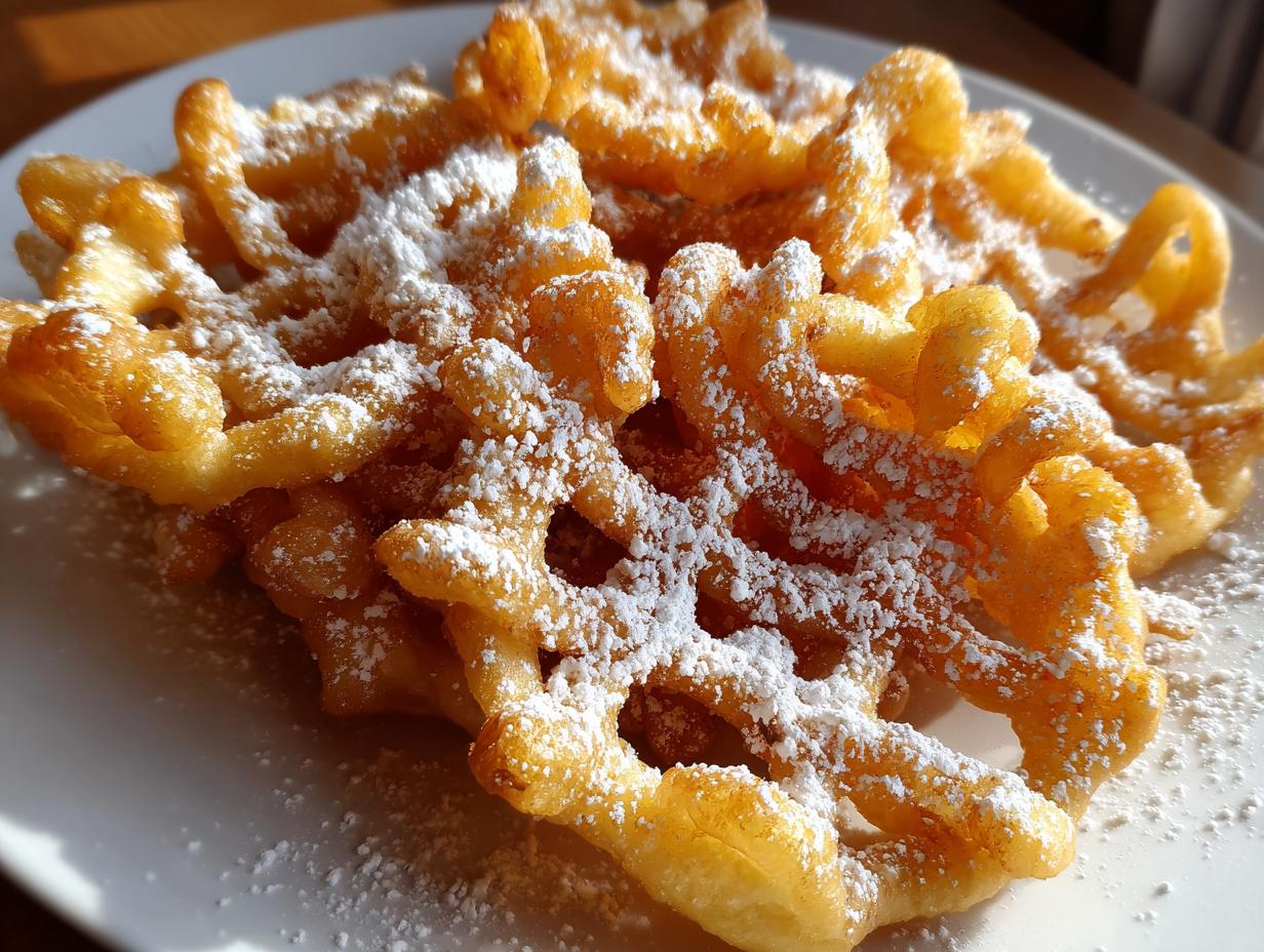 Close-up of a golden, crispy funnel cake recipe portion generously dusted with white powdered sugar on a white plate.
