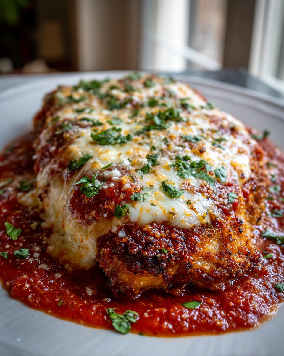 Close-up of a perfectly cooked keto chicken parmesan smothered in marinara sauce and melted mozzarella cheese, topped with parsley.