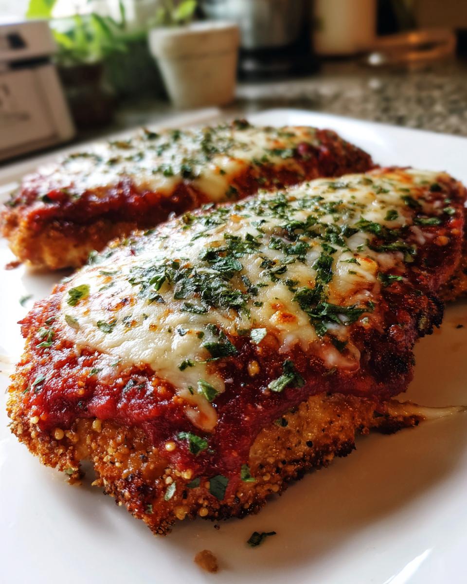 Two pieces of crispy keto chicken parmesan topped with marinara sauce, melted mozzarella, and fresh parsley.
