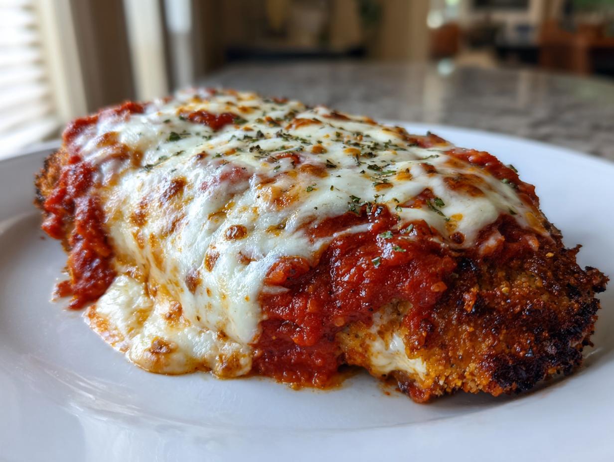 Close-up of a perfectly cooked keto chicken parmesan topped with melted mozzarella and rich marinara sauce.