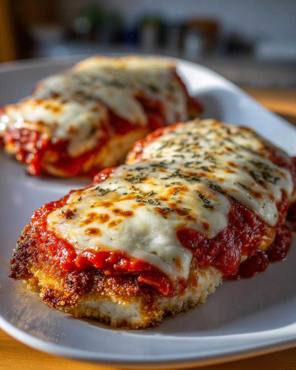Close-up of a serving of keto chicken parmesan, featuring a crispy breading, marinara sauce, and melted mozzarella cheese.