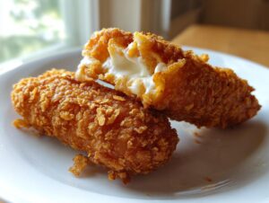 Two crispy, deep-fried Korean corn dogs on a white plate, one cut open revealing melted, stretchy mozzarella cheese.