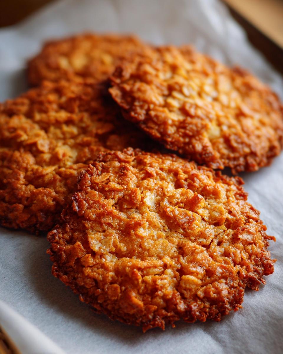 Close-up of several golden brown, crispy oatmeal lace cookies resting on parchment paper.