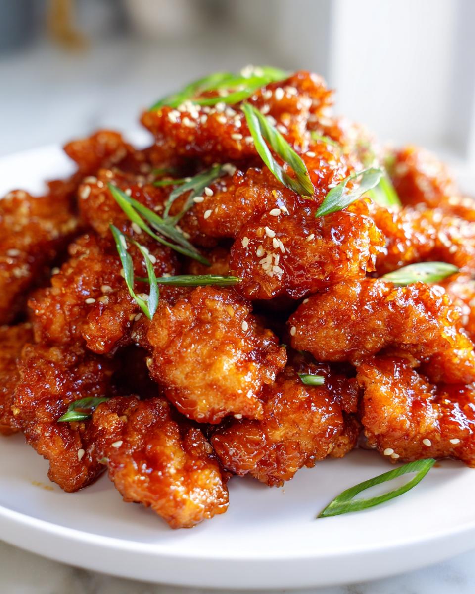 A pile of crispy, glazed orange chicken recipe pieces garnished with sesame seeds and sliced green onions.