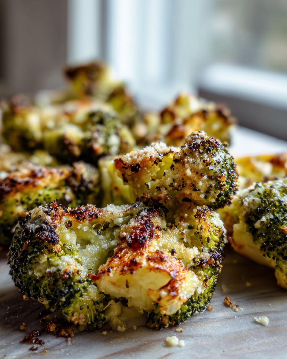 Close-up of crispy, roasted smashed broccoli florets topped with melted Parmesan cheese.