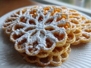 A close-up stack of golden, crispy pizzelle cookies dusted generously with white powdered sugar.
