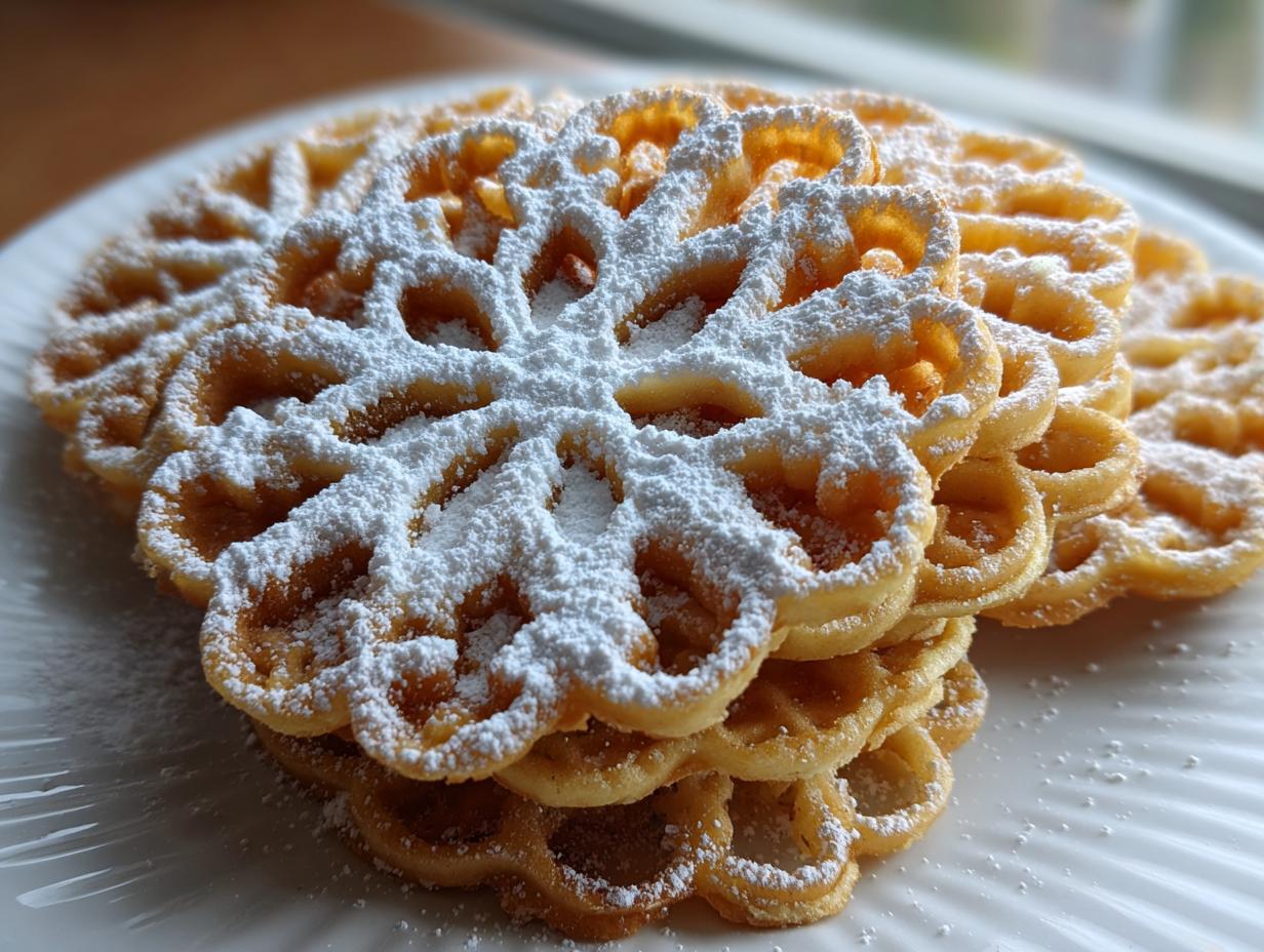 A close-up stack of golden, crispy pizzelle cookies dusted generously with white powdered sugar.