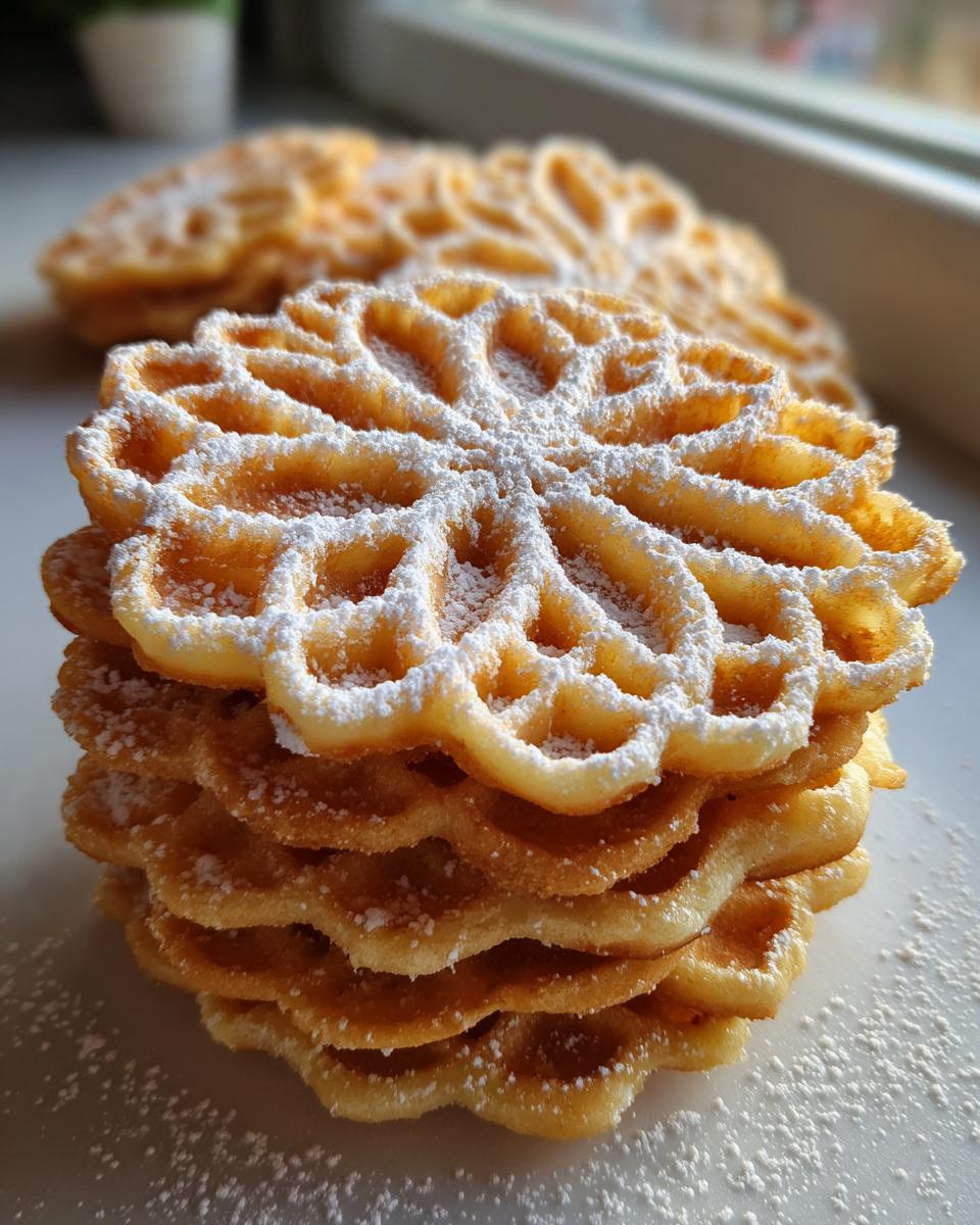 A close-up stack of golden, flower-shaped pizzelle cookies generously dusted with white powdered sugar.