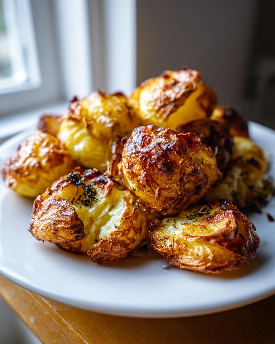 A pile of golden brown, incredibly crispy roast potatoes seasoned with herbs on a white plate.