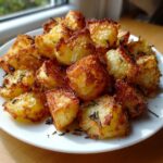 A close-up of golden brown, fluffy roast potatoes seasoned with dark herbs on a white plate.