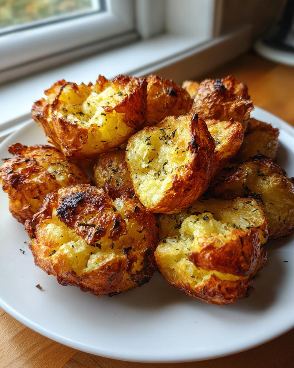 A pile of golden brown, fluffy interior roast potatoes seasoned with herbs on a white plate.