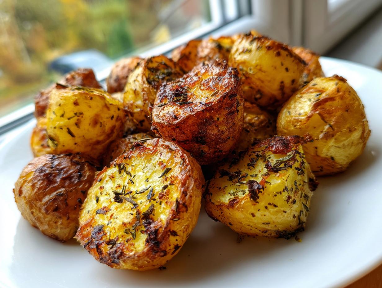 Close-up of golden brown, seasoned roast potatoes piled on a white plate, showing crispy edges.
