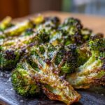 Close-up of perfectly roasted and smashed broccoli florets topped with melted, slightly browned cheese.