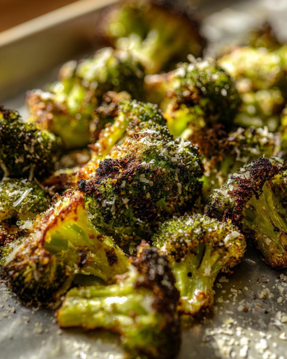 Close-up of perfectly roasted and slightly charred smashed broccoli topped with grated Parmesan cheese.
