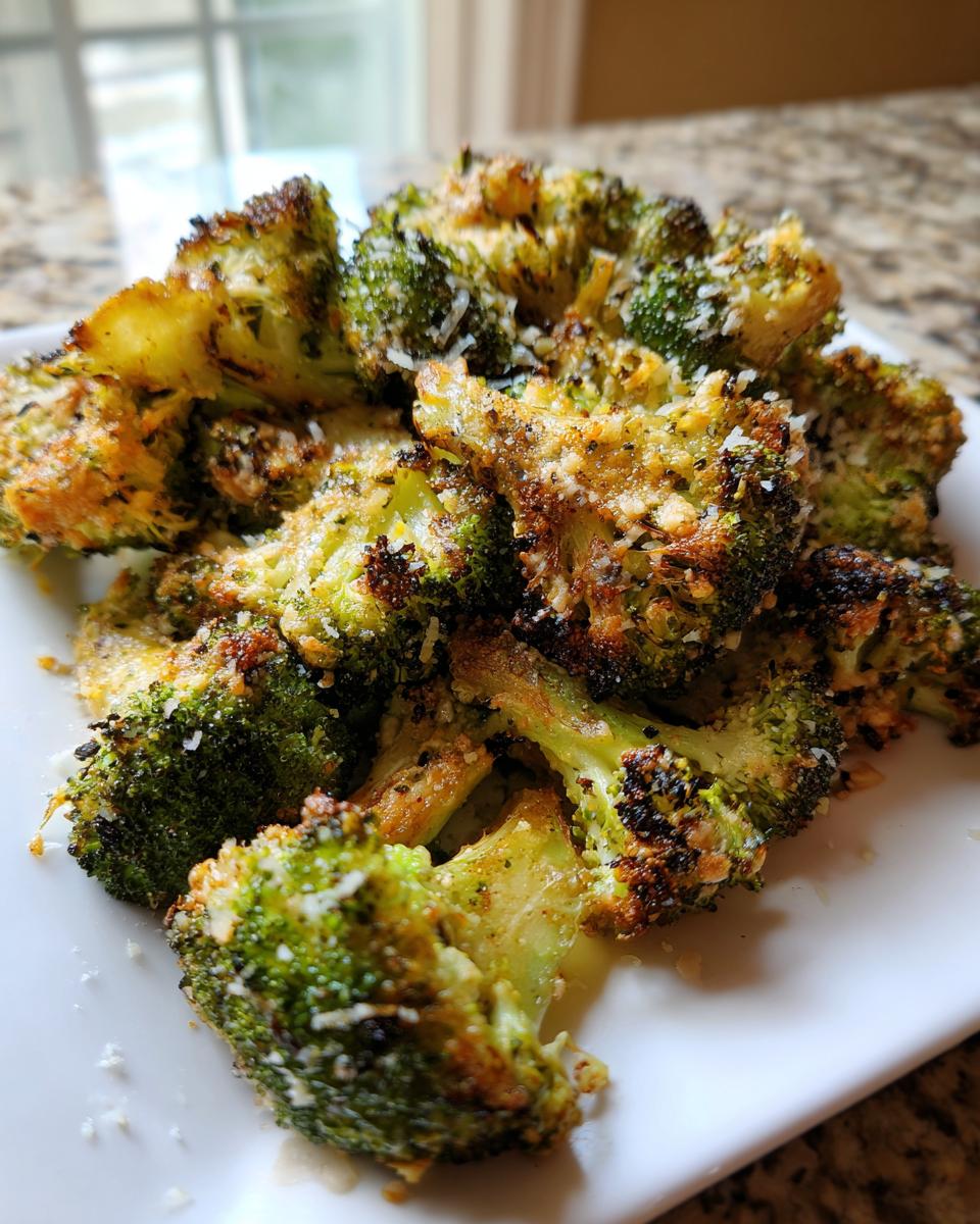 A close-up of perfectly roasted, crispy smashed broccoli topped with grated Parmesan cheese on a white plate.