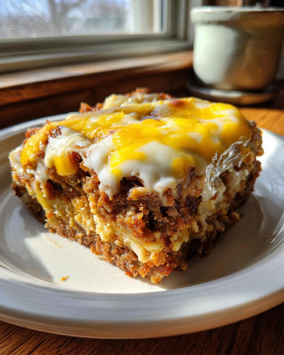 A close-up of a hearty slice of crockpot french onion meatloaf topped with melted white and yellow cheese.
