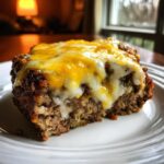 A close-up of a slice of crockpot french onion meatloaf topped with melted white and yellow cheese on a white plate.
