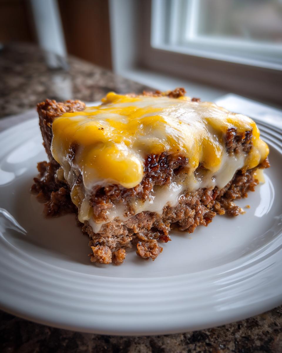 A thick slice of crockpot french onion meatloaf topped with melted yellow and white cheese on a white plate.