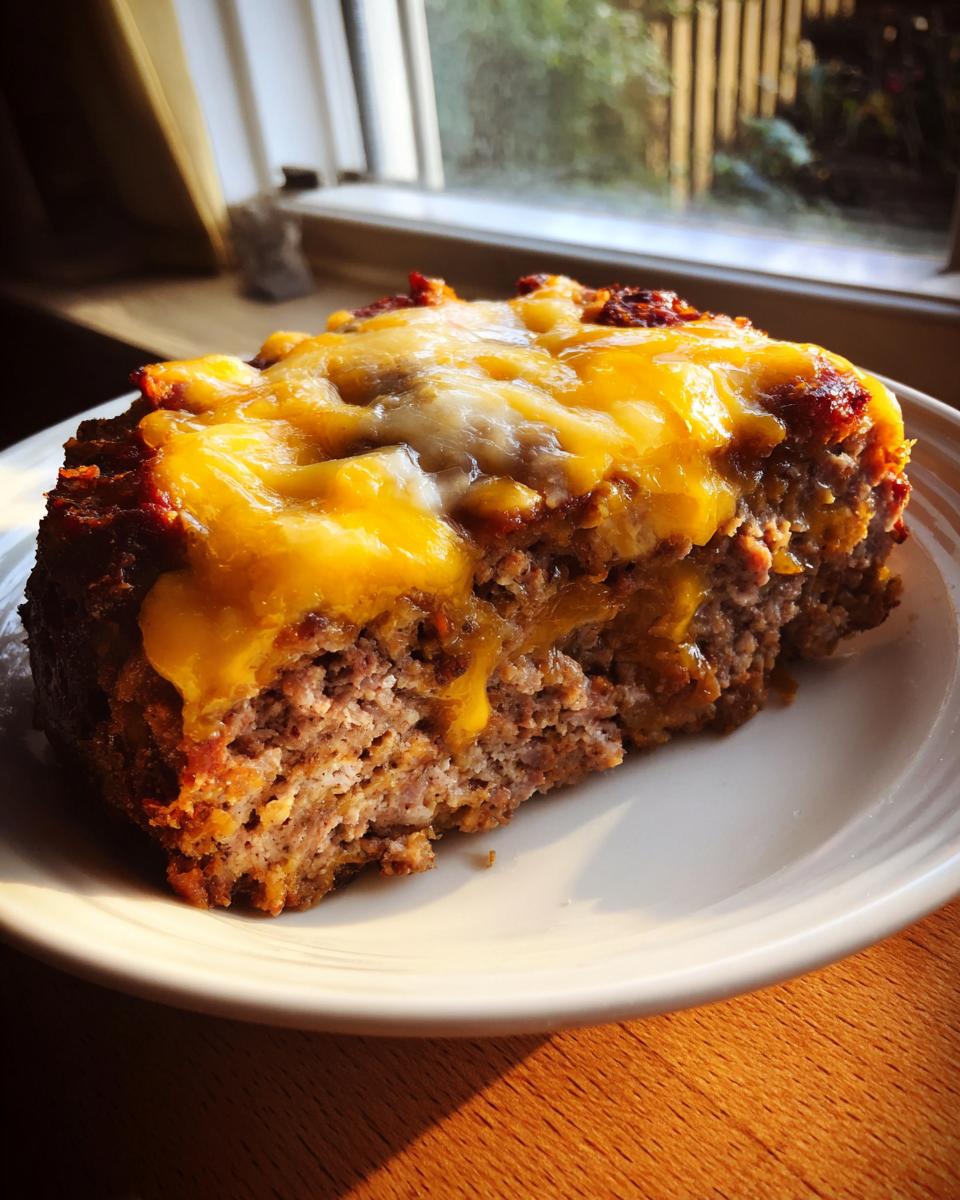 A thick slice of crockpot french onion meatloaf topped with melted cheddar and white cheese on a white plate.